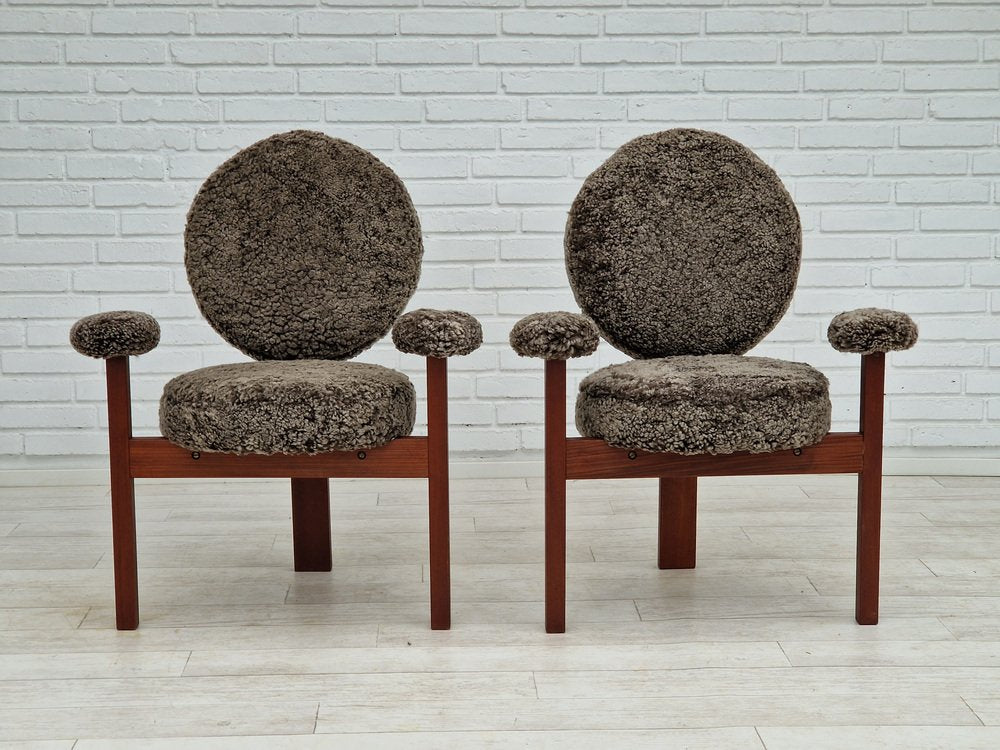 Teak Danish Model Medalie Armchairs in Sheepskin and Teak by Bent Møller Jepsen, 1960s, Set of 2