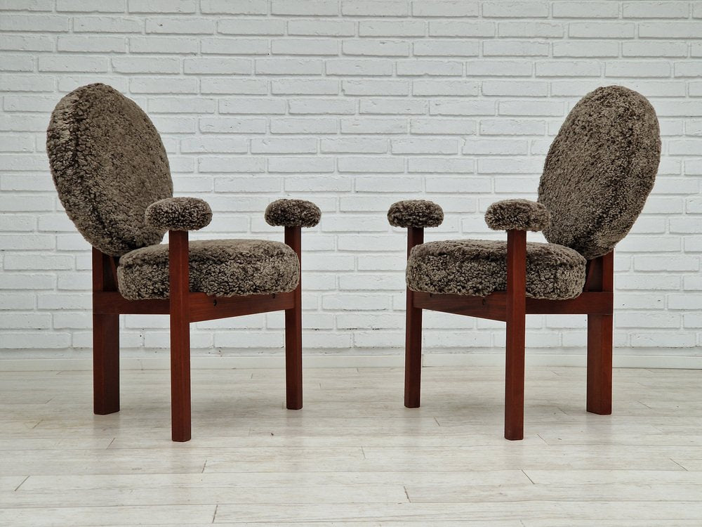 Teak Danish Model Medalie Armchairs in Sheepskin and Teak by Bent Møller Jepsen, 1960s, Set of 2