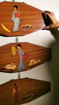 Teak Decorative Panels with Japanese Kimono Figures, Set of 3-QRS-1050557