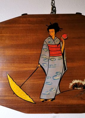 Teak Decorative Panels with Japanese Kimono Figures, Set of 3-QRS-1050557