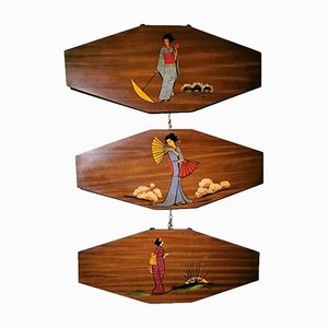 Teak Decorative Panels with Japanese Kimono Figures, Set of 3-QRS-1050557