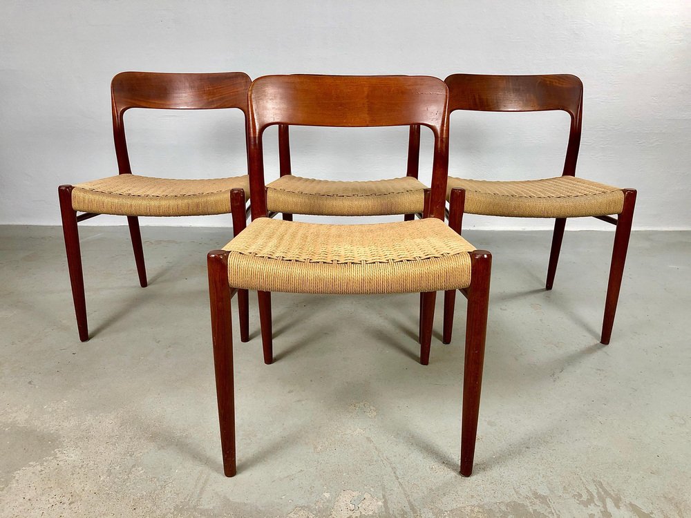 Teak Dining Chairs Papercord Seats from J.L. Møllers, 1960s, Set of 4