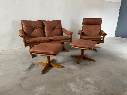 Teak & Leather Armchair, Sofa & Ottoman by Söda Galvano, 1960s, Set of 4-EBP-2016660