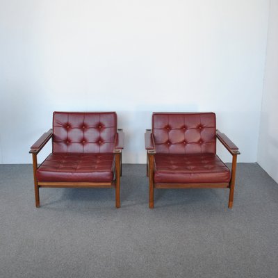 Teak Leather Armchairs by Georges Coslin for 3V Arredamenti Padova, 1960s, Set of 2-JQO-1104613