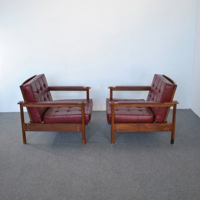 Teak Leather Armchairs by Georges Coslin for 3V Arredamenti Padova, 1960s, Set of 2-JQO-1104613