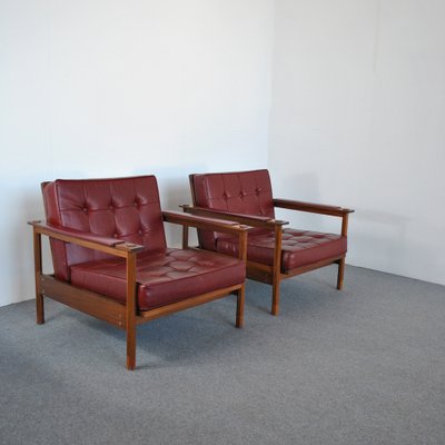 Teak Leather Armchairs by Georges Coslin for 3V Arredamenti Padova, 1960s, Set of 2-JQO-1104613