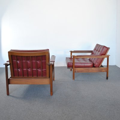 Teak Leather Armchairs by Georges Coslin for 3V Arredamenti Padova, 1960s, Set of 2-JQO-1104613