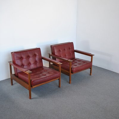 Teak Leather Armchairs by Georges Coslin for 3V Arredamenti Padova, 1960s, Set of 2-JQO-1104613