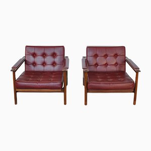 Teak Leather Armchairs by Georges Coslin for 3V Arredamenti Padova, 1960s, Set of 2-JQO-1104613