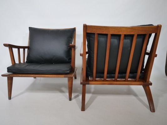 Teak & Leather Lounge Chair Set, 1960s, Set of 2-LVS-900004