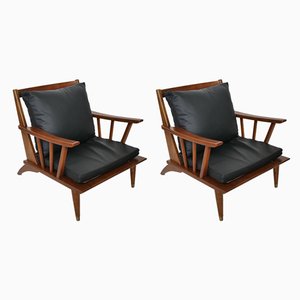 Teak & Leather Lounge Chair Set, 1960s, Set of 2-LVS-900004