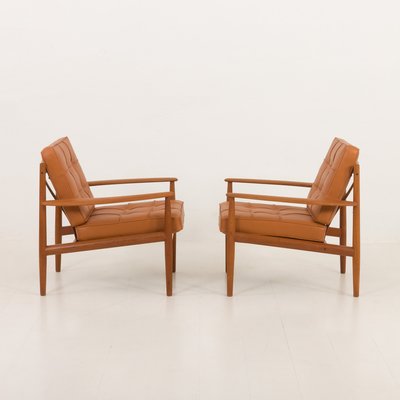 Teak Lounge Chairs in Aniline Cognac Leather for Cado by Grete Jalk, Denmark, 1960s, Set of 2-UE-2035001