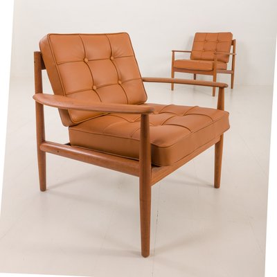 Teak Lounge Chairs in Aniline Cognac Leather for Cado by Grete Jalk, Denmark, 1960s, Set of 2-UE-2035001