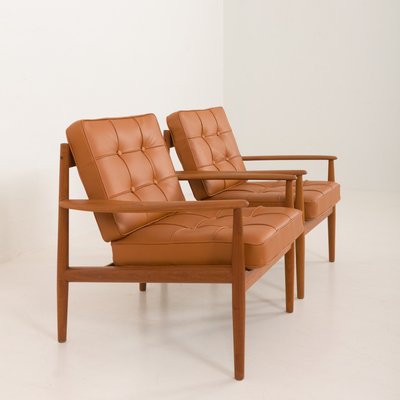 Teak Lounge Chairs in Aniline Cognac Leather for Cado by Grete Jalk, Denmark, 1960s, Set of 2-UE-2035001