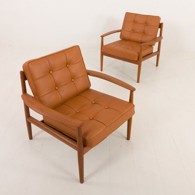 Teak Lounge Chairs in Aniline Cognac Leather for Cado by Grete Jalk, Denmark, 1960s, Set of 2-UE-2035001