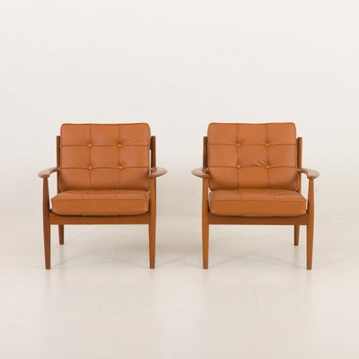 Teak Lounge Chairs in Aniline Cognac Leather for Cado by Grete Jalk, Denmark, 1960s, Set of 2-UE-2035001