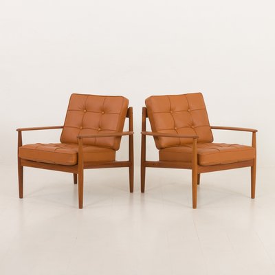 Teak Lounge Chairs in Aniline Cognac Leather for Cado by Grete Jalk, Denmark, 1960s, Set of 2-UE-2035001