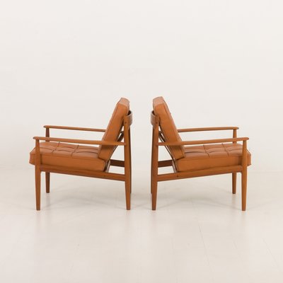 Teak Lounge Chairs in Aniline Cognac Leather for Cado by Grete Jalk, Denmark, 1960s, Set of 2-UE-2035001