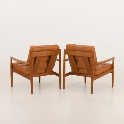 Teak Lounge Chairs in Aniline Cognac Leather for Cado by Grete Jalk, Denmark, 1960s, Set of 2-UE-2035001