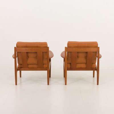 Teak Lounge Chairs in Aniline Cognac Leather for Cado by Grete Jalk, Denmark, 1960s, Set of 2-UE-2035001