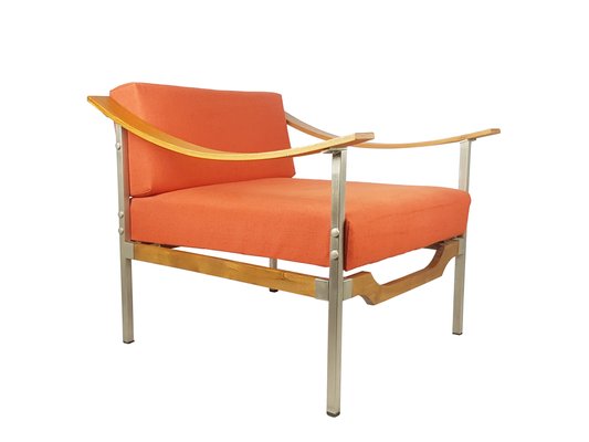 Teak, Metal & Coral Fabric Armchairs, 1960s, Set of 2-RD-1718131