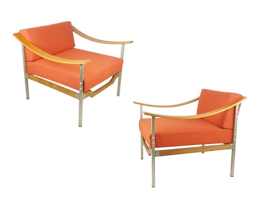 Teak, Metal & Coral Fabric Armchairs, 1960s, Set of 2-RD-1718131