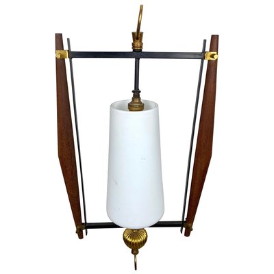 Teak & Opaline Glass Metal Pendant Light, Italy, 1960s-LYQ-1171590