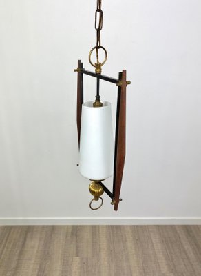 Teak & Opaline Glass Metal Pendant Light, Italy, 1960s-LYQ-1171590