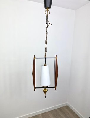 Teak & Opaline Glass Metal Pendant Light, Italy, 1960s-LYQ-1171590