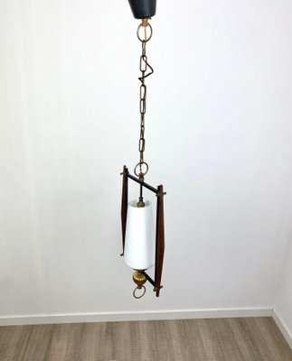 Teak & Opaline Glass Metal Pendant Light, Italy, 1960s-LYQ-1171590