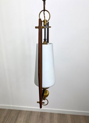 Teak & Opaline Glass Metal Pendant Light, Italy, 1960s-LYQ-1171590