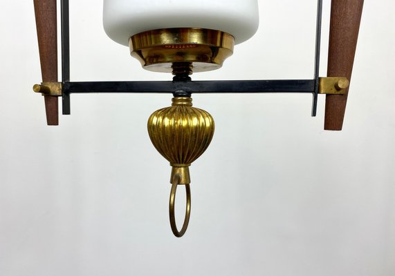 Teak & Opaline Glass Metal Pendant Light, Italy, 1960s-LYQ-1171590