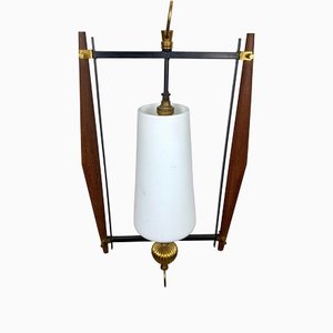 Teak & Opaline Glass Metal Pendant Light, Italy, 1960s-LYQ-1171590