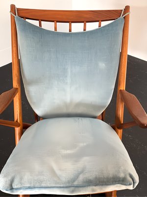 Teak Rocking Chair with Mohair Velvet Cover in Ice Blue by Frank Reenskaug for Bramin, Denmark, 1960s-OHY-2034470