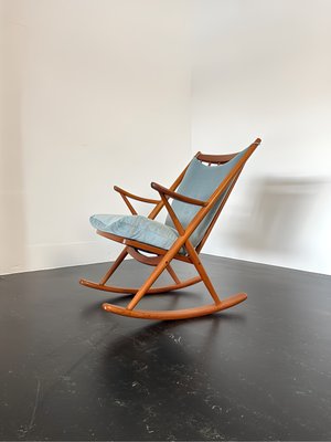 Teak Rocking Chair with Mohair Velvet Cover in Ice Blue by Frank Reenskaug for Bramin, Denmark, 1960s-OHY-2034470