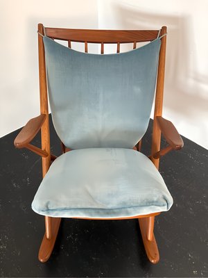 Teak Rocking Chair with Mohair Velvet Cover in Ice Blue by Frank Reenskaug for Bramin, Denmark, 1960s-OHY-2034470