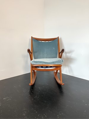 Teak Rocking Chair with Mohair Velvet Cover in Ice Blue by Frank Reenskaug for Bramin, Denmark, 1960s-OHY-2034470