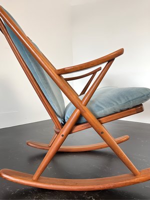 Teak Rocking Chair with Mohair Velvet Cover in Ice Blue by Frank Reenskaug for Bramin, Denmark, 1960s-OHY-2034470