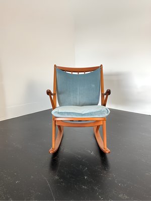 Teak Rocking Chair with Mohair Velvet Cover in Ice Blue by Frank Reenskaug for Bramin, Denmark, 1960s-OHY-2034470