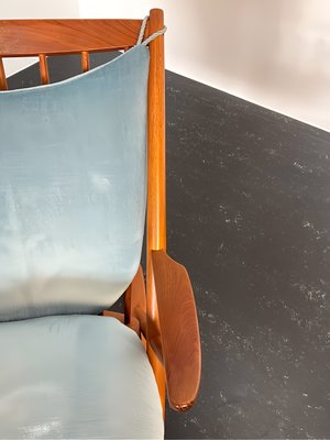 Teak Rocking Chair with Mohair Velvet Cover in Ice Blue by Frank Reenskaug for Bramin, Denmark, 1960s-OHY-2034470