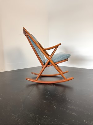 Teak Rocking Chair with Mohair Velvet Cover in Ice Blue by Frank Reenskaug for Bramin, Denmark, 1960s-OHY-2034470