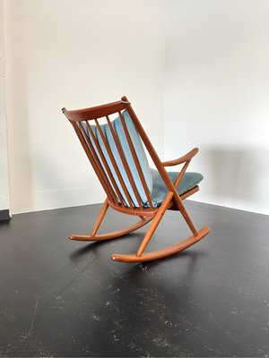 Teak Rocking Chair with Mohair Velvet Cover in Ice Blue by Frank Reenskaug for Bramin, Denmark, 1960s-OHY-2034470