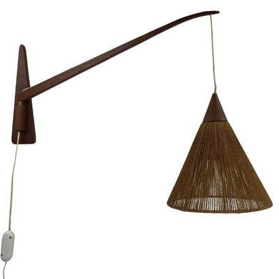 Teak Sisal and Brass Arc Swing Wall Lamps attributed to Temde, Switzerland, 1960s, Set of 2-BHG-1397006