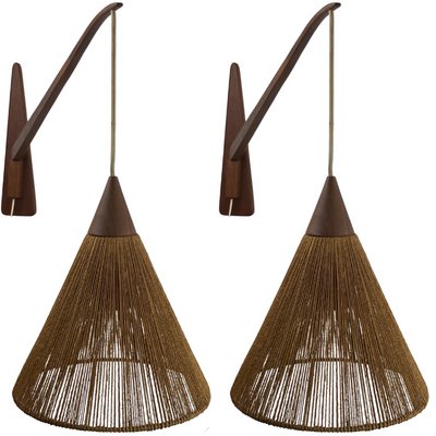 Teak Sisal and Brass Arc Swing Wall Lamps attributed to Temde, Switzerland, 1960s, Set of 2-BHG-1397006