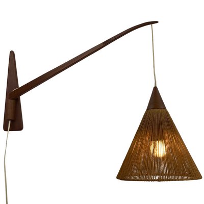 Teak Sisal and Brass Arc Swing Wall Lamps attributed to Temde, Switzerland, 1960s, Set of 2-BHG-1397006