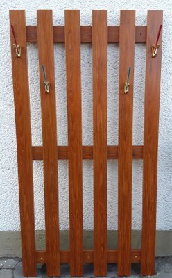 Teak Wall Rack with Brass & Colored Plastic Hooks, 1970s-HOI-868763