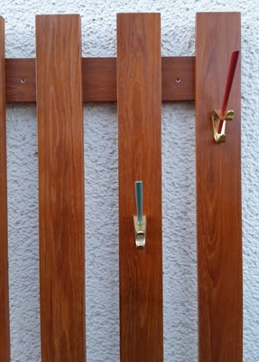 Teak Wall Rack with Brass & Colored Plastic Hooks, 1970s-HOI-868763