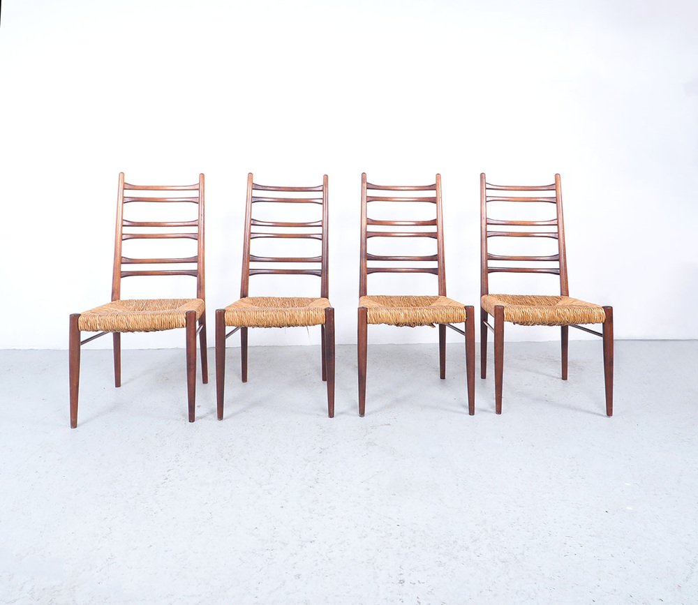 Teak & Wicker Dining Chairs with Ladder Back, 1960s, Set of 4