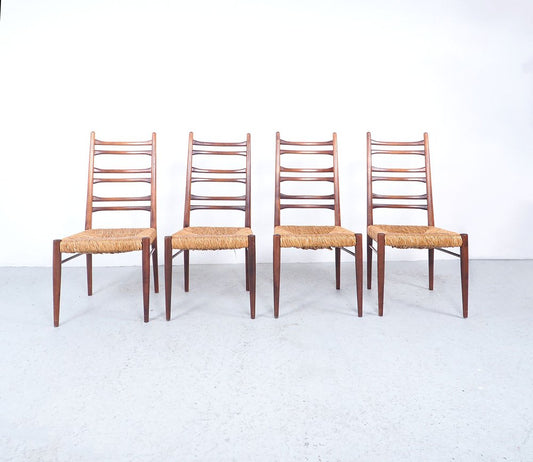 Teak & Wicker Dining Chairs with Ladder Back, 1960s, Set of 4