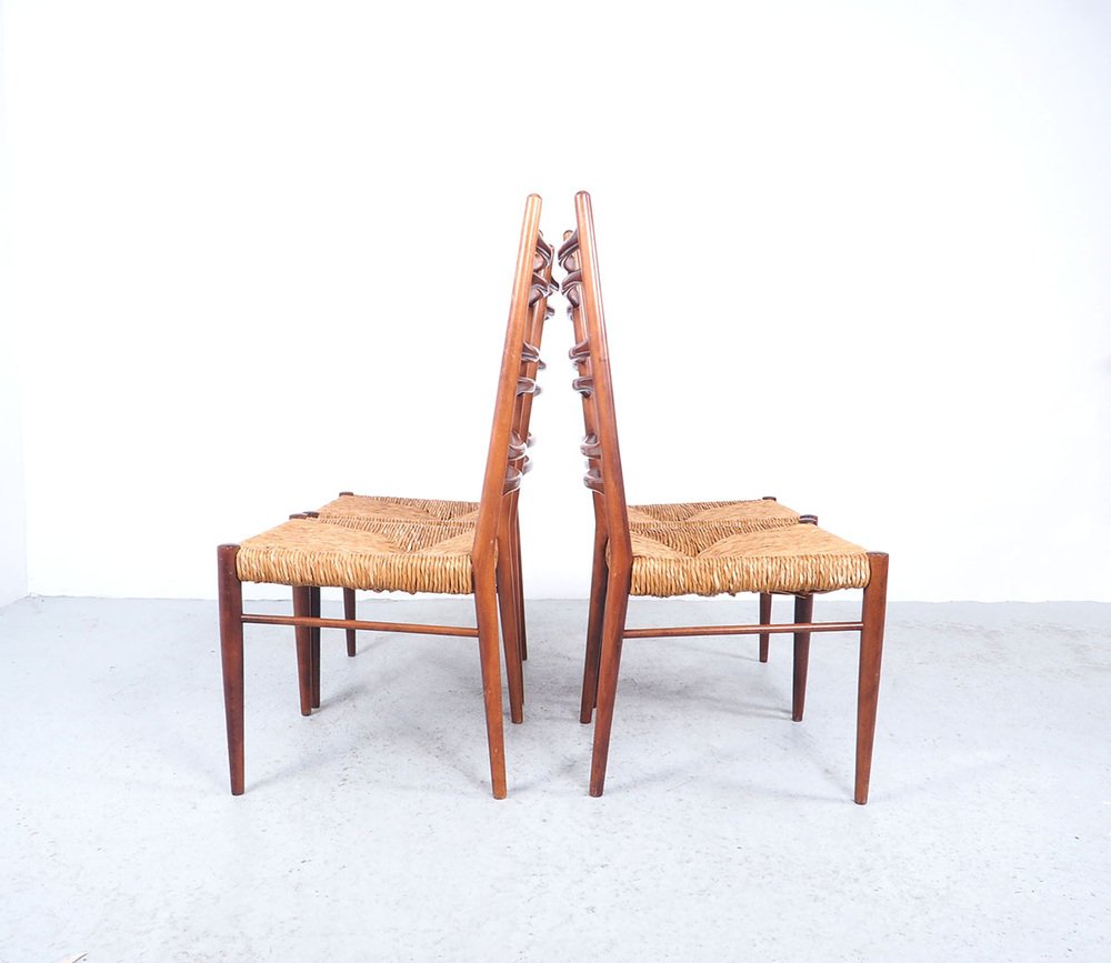 Teak & Wicker Dining Chairs with Ladder Back, 1960s, Set of 4